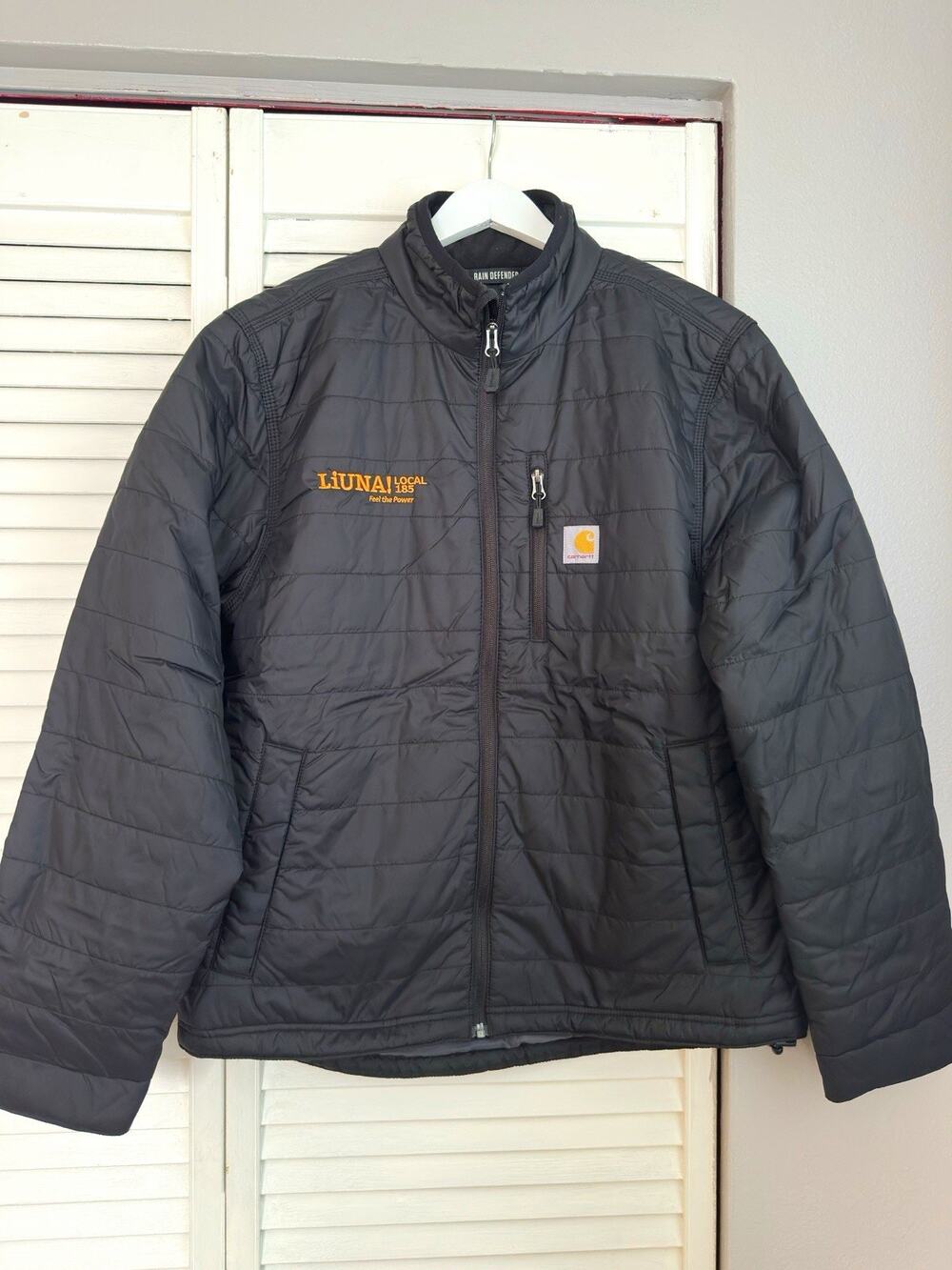 Carhartt Black Puffer Jacket Mens M Relaxed Full Zip Lined Stand-Up Logo